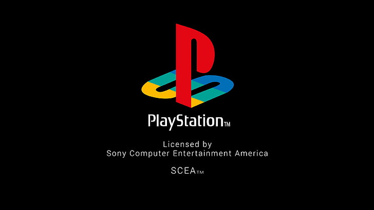 Лого на Sony PlayStation, PlayStation, видео игри, конзоли, стартиране, типография, носталгия, черно, лого, черен фон, червен, HD тапет