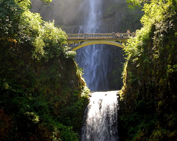 the sun, bridge, rock, open, waterfall, USA, the bushes, Multnomah waterfalls, HD wallpaper