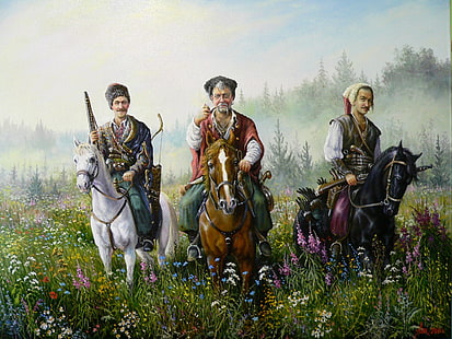 ثلاثة رجال يمتطون الخيول يرسمون ، يبتسمون ، فن ، قوزاق ، أندري لياخ، خلفية HD HD wallpaper