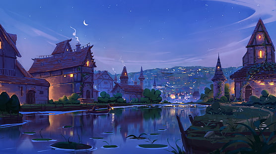 Fantasy, City, House, Night, River, HD wallpaper HD wallpaper