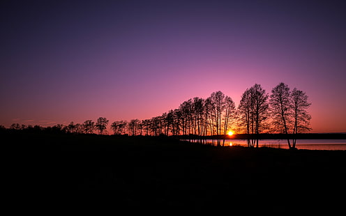 panorama, natura, sagoma, alberi, cielo sereno, tramonto, sera, lago, Sfondo HD HD wallpaper