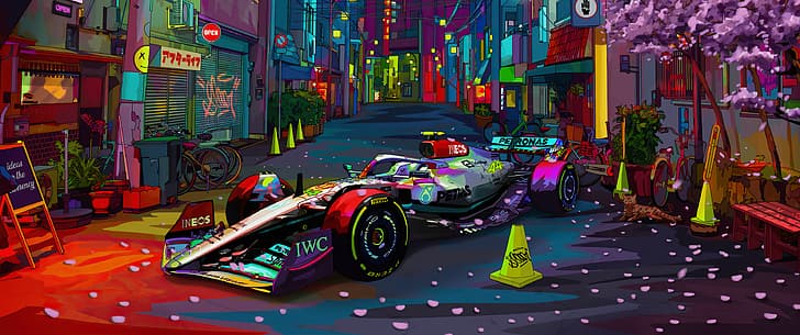digital art, Sci-fi cyber, Formula 1, formula cars, Mercedes AMG Petronas, Mercedes AMG Racing, Mercedes Benz amg, car, colorful, wide angle, HD wallpaper