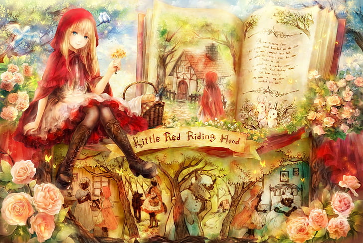 anime, skirt, Little Red Riding Hood, fairy tale, books, rose, cottage, HD wallpaper
