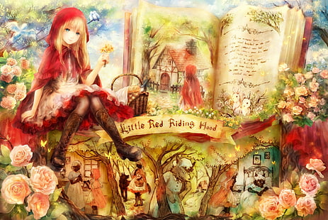 anime, skirt, Little Red Riding Hood, fairy tale, books, rose, cottage, HD wallpaper HD wallpaper