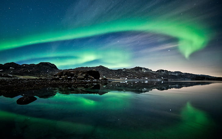природа, пейзаж, сияния, нощ, отражение, вода, Исландия, небе, звезди, HD тапет