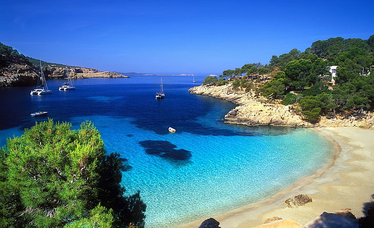 Ibiza, green leafed trees and brown sand beach, Travel, Islands, beach, ocean, ibiza, sea, paradise, HD wallpaper