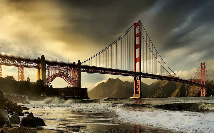 San Fransisco Bay Bridge, beach, bridge, ocean, golden gate, san francisco, animals, HD wallpaper