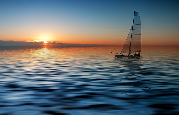 boat, landscape, reflection, Sailboats, sea, sun, HD wallpaper