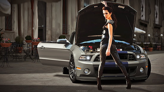 Shelby GT500 Super Snake, auto, donne, donne con auto, Sati Kazanova, bruna, guardando indietro, Sfondo HD HD wallpaper