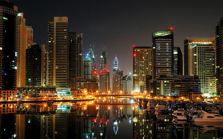 Дубай, град, нощ, пристанище, лодки, яхти, светлини, сгради, Дубай, Град, Нощ, Пристанище, Лодки, Яхти, Светлини, Сгради, HD тапет