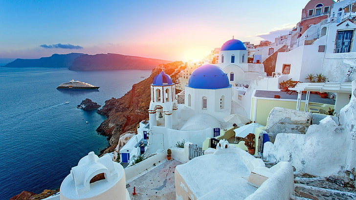 туризм, море, небо, отпуск, тира, греция, досуг, ия, путешествие, вода, санторини, HD обои