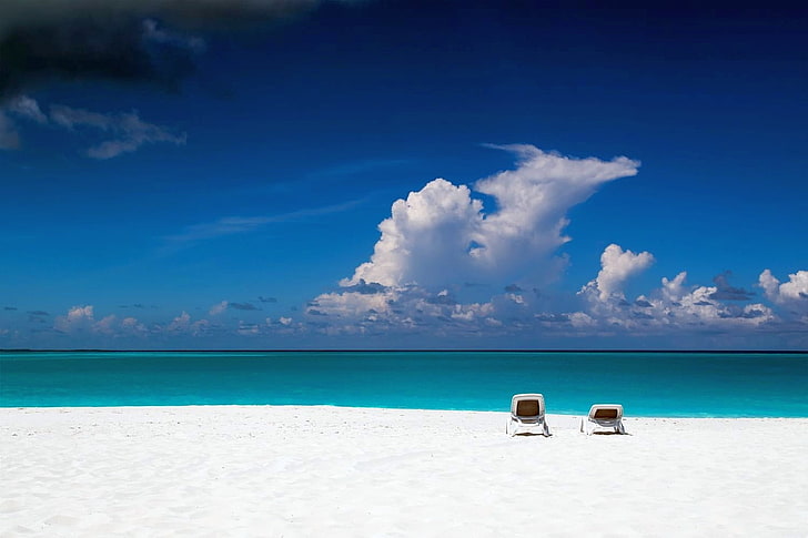 plan d'eau, nature, photographie, paysage, plage, tropical, chaise, mer, sable, nuages, Caraïbes, relaxant, Fond d'écran HD