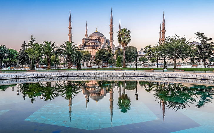 Синя джамия, джамия на султан Ахмед, Истанбул, Турция, басейн, палми, бяла джамия, синя, джамия, Истанбул, Турция, басейн, палма, дървета, HD тапет