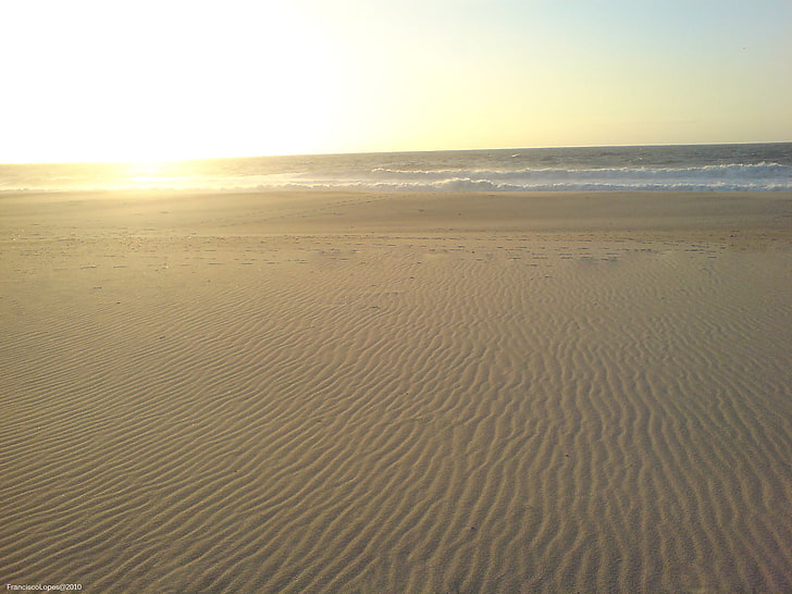 beach, sea, sunlight, beige, sand, waves, horizon, HD wallpaper