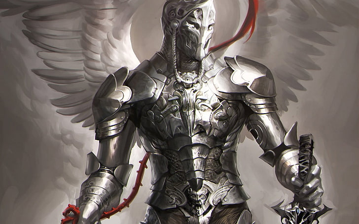 ängel bär silver rustning tapet, vingar, rustning, fantasy konst, konstverk, ängel, svärd, HD tapet