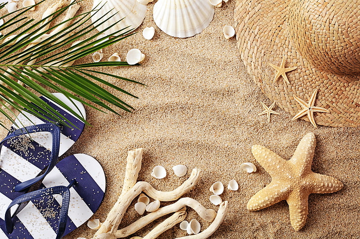 пясък, плаж, лято, шапка, очила, черупка, ваканция, морски звезди, аксесоари, миди, HD тапет