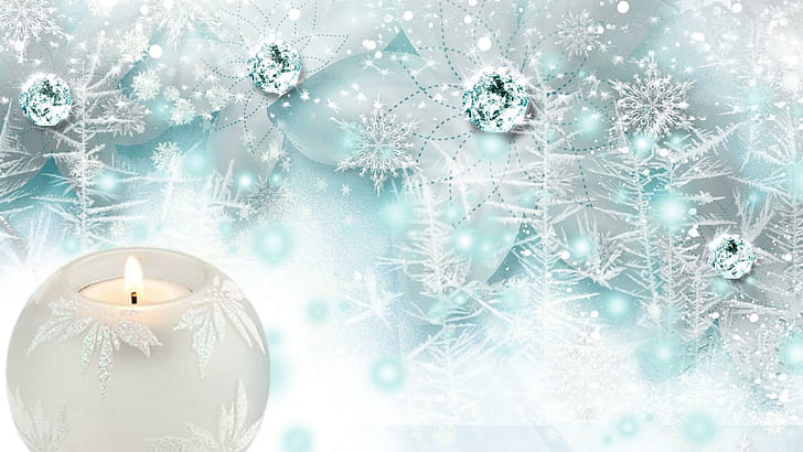 Delicate Winter, snowflake illustration, firefox persona, christmas, frost, diamonds, bright, flowers, snowing, snow, candle, blue, ligh, HD wallpaper