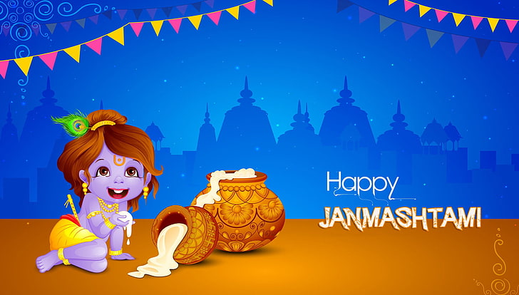 Feliz Janmashtami 2016, feliz ilustración de Janmashtami, festivales / vacaciones, Janmashtami, festival, señor Krishna, vacaciones, Fondo de pantalla HD