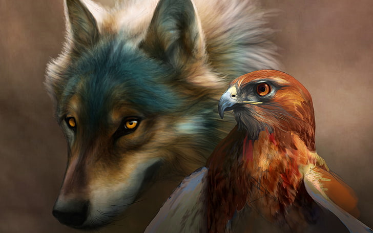 seni, burung, anjing, elang, lukisan, serigala, Wallpaper HD