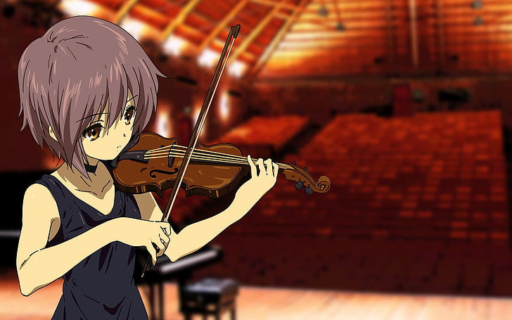 female anime character playing violin illustration, girl, violin, bow, music, hall, theater, emptiness, sadness, HD wallpaper