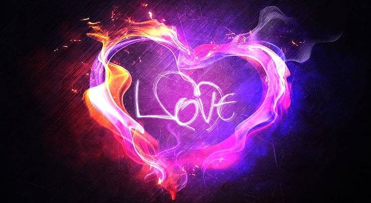 Love, pink and orange heart flame illustration, Love, Heart, HD wallpaper