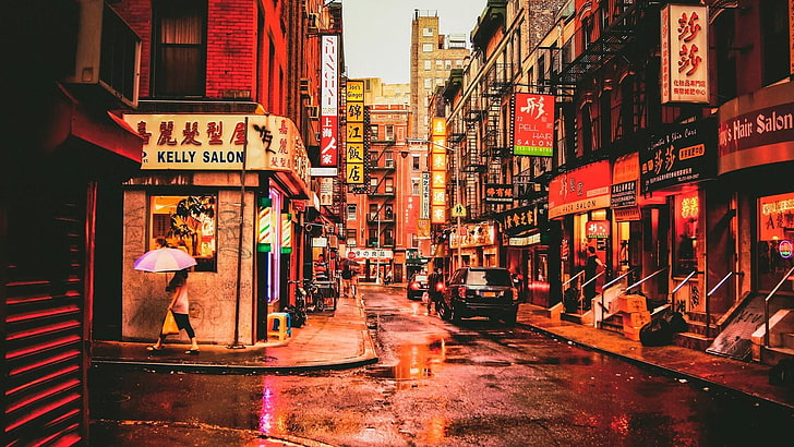 окрестности, нью йорк, сша, дождливый день, мокрый, дождь, дорога, здание, городской пейзаж, вечер, город, столичная зона, аллея, нью йорк, мегаполис, ночь, закат, улица, китайский квартал, HD обои
