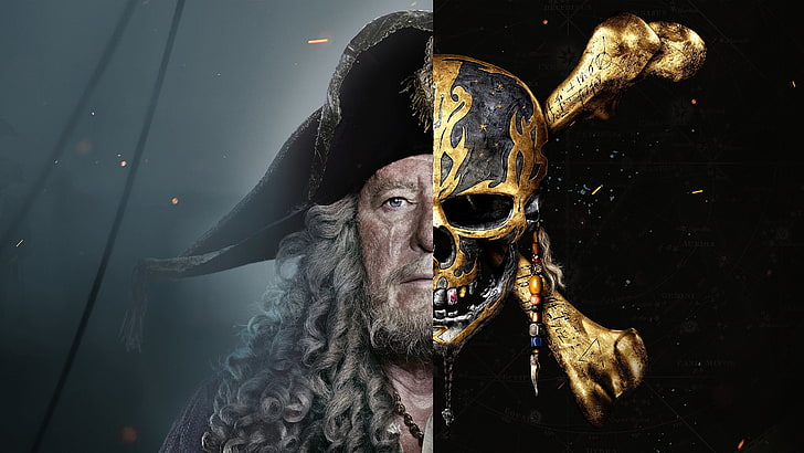 Pirates of the Caribbean: Dead Men Tell No Tales (2017), poster, movie, Geoffrey Rush, black, man, collage, fantasy, dead men tell no tales, pirates of the caribbean, skull, actor, HD wallpaper