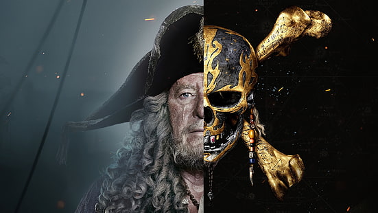 Pirates of the Caribbean: Dead Men Tell No Tales (2017), affisch, film, Geoffrey Rush, svart, man, collage, fantasi, döda män berättar inga berättelser, pirater i Karibien, skalle, skådespelare, HD tapet HD wallpaper