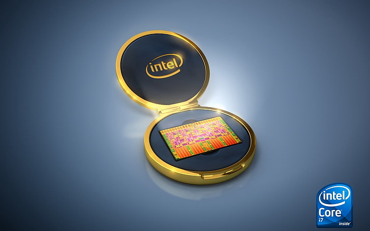 золотые обои Intel Core i7, intel, процессоры, логотип, HD обои