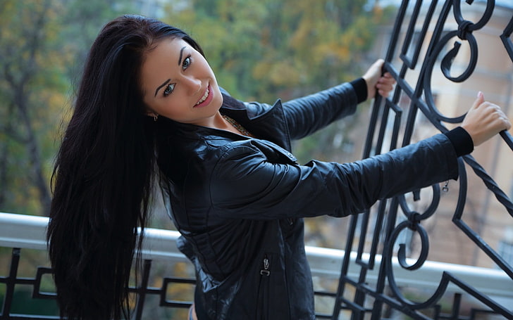 women's black leather jacket, model, hair, grille, jacket, Macy B, HD wallpaper