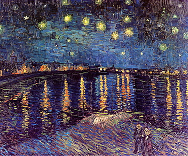 noche, río, barcos, luces, pareja, Vincent van Gogh, Noche estrellada, Sobre el Ródano, Fondo de pantalla HD HD wallpaper