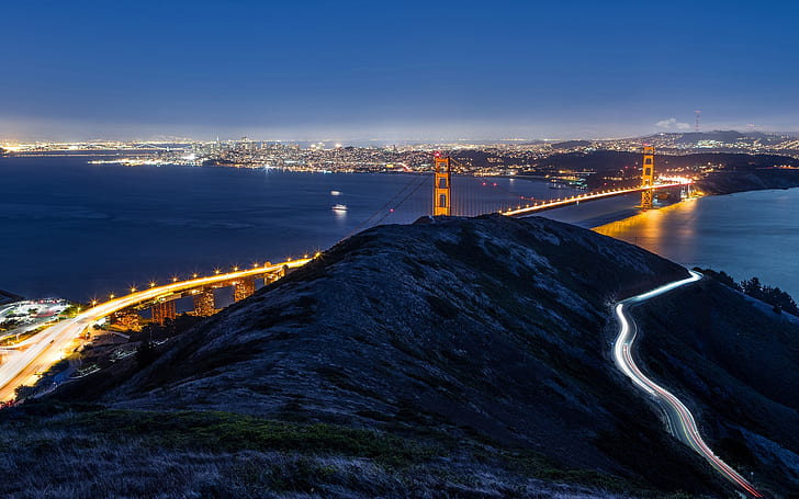 Сан Франциско, Калифорния, САЩ, Golden Gate Bridge, нощен град, San, Francisco, California, USA, Golden, Gate, Bridge, Night, City, HD тапет
