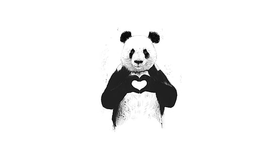 panda bear on heart hand sign graphics, panda, bears, heart, artwork, HD wallpaper HD wallpaper