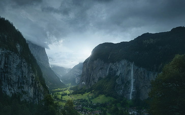Natura, paesaggio, Svizzera, villaggio, cascata, valle, montagna, mattina, nebbia, foresta, natura, paesaggio, svizzera, villaggio, cascata, valle, montagna, mattina, nebbia, foresta, Sfondo HD