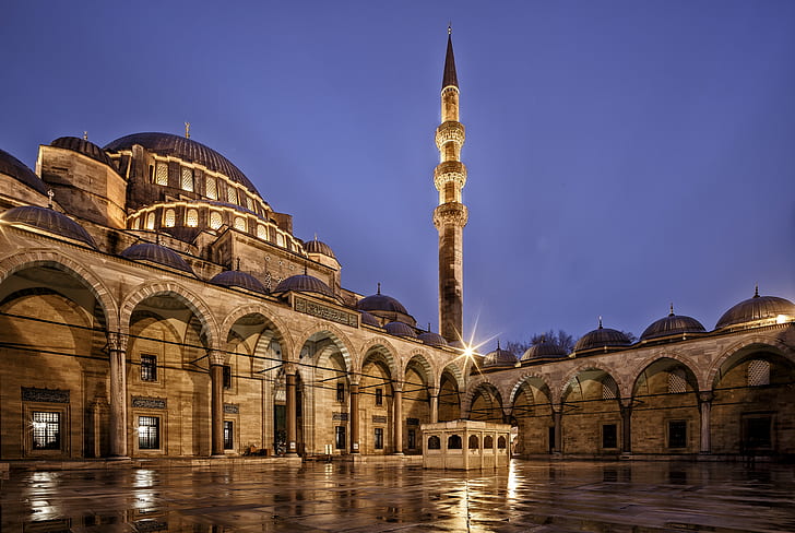 the sky, night, city, the city, lighting, architecture, blue, Istanbul, Turkey, Suleymaniye Mosque, HD wallpaper