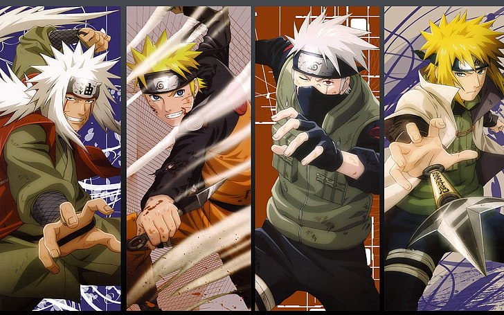 Naruto Shippuuden, painéis, Jiraiya, Uzumaki Naruto, Hatake Kakashi, Namikaze Minato, HD papel de parede