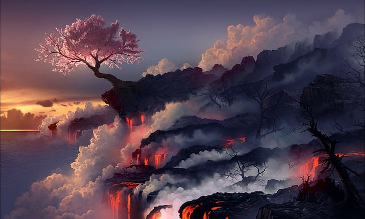 العمل الفني طبيعة المناظر الطبيعية الخيال فن النار الأشجار الحمم البركانية زهر الكرز الغيوم الدخان الفن الرقمي أغطية ألبوم fightstar، خلفية HD
