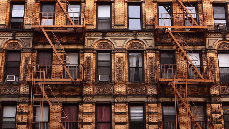 старый, здание, квартира, коричневый, винтаж, нью-йорк, нью-йорк, манхэттен, кирпич, стена, окна, фасад, нью-йорк, город, HD обои