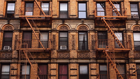 старый, здание, квартира, коричневый, винтаж, нью-йорк, нью-йорк, манхэттен, кирпич, стена, окна, фасад, нью-йорк, город, HD обои HD wallpaper