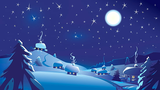 arte digitale natura luna stelle cielo notte nuvole blu fantasia arte vettoriale arte paesaggio inverno neve pini collina collina luci incandescente fumo, Sfondo HD HD wallpaper