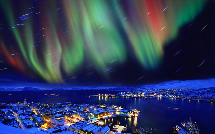 aurora, borealis, cities, hammerfest, lights, nights, northern, norway, sky, stars, HD wallpaper