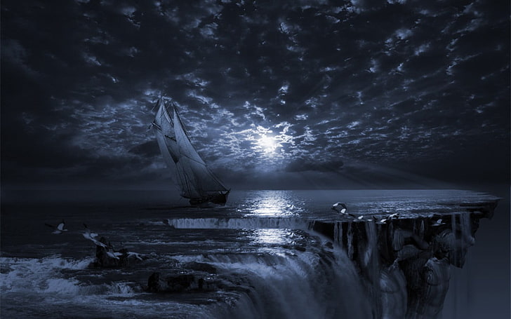 scenario di barca a vela, astratto, veliero, raggi di luna, acqua, Sfondo HD