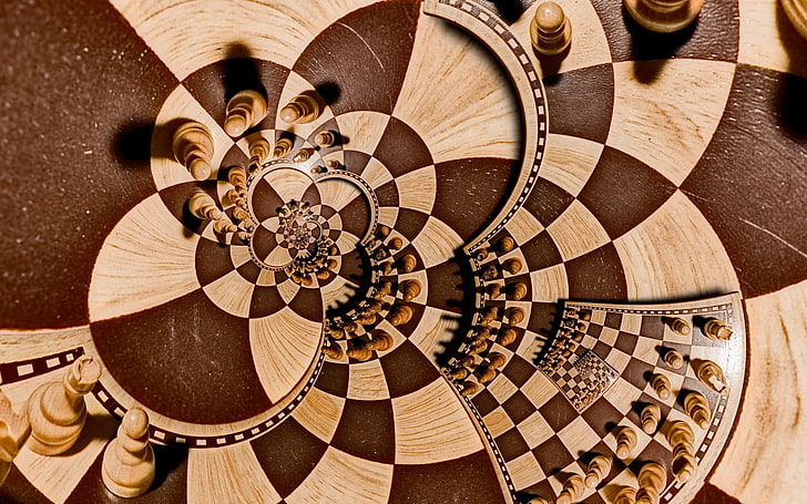 decoración de piezas de ajedrez marrón y beige, arte digital, recursión, ajedrez, peones, juegos de mesa, espiral, sombra, surrealista, distorsión, cuadros, Fondo de pantalla HD