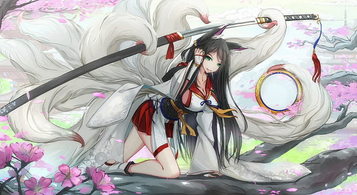 kitsunemimi, cherry blossom, katana, original characters, fox girl, sword, HD wallpaper
