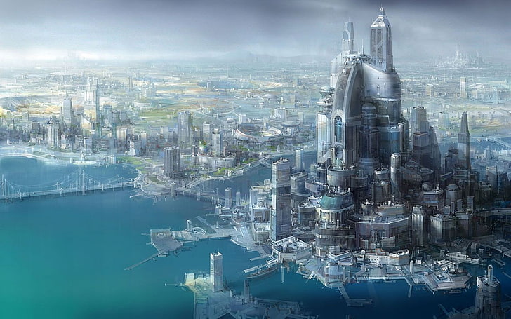 fiksi ilmiah, kota futuristik, cityscape, Wallpaper HD