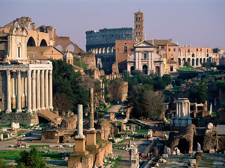 bangunan beton coklat dengan kolom, Roma, Italia, Roma Kuno, reruntuhan, kuno, lanskap kota, Wallpaper HD