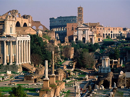 edificio in cemento marrone con colonne, Roma, Italia, Roma antica, rovine, antico, paesaggio urbano, Sfondo HD HD wallpaper