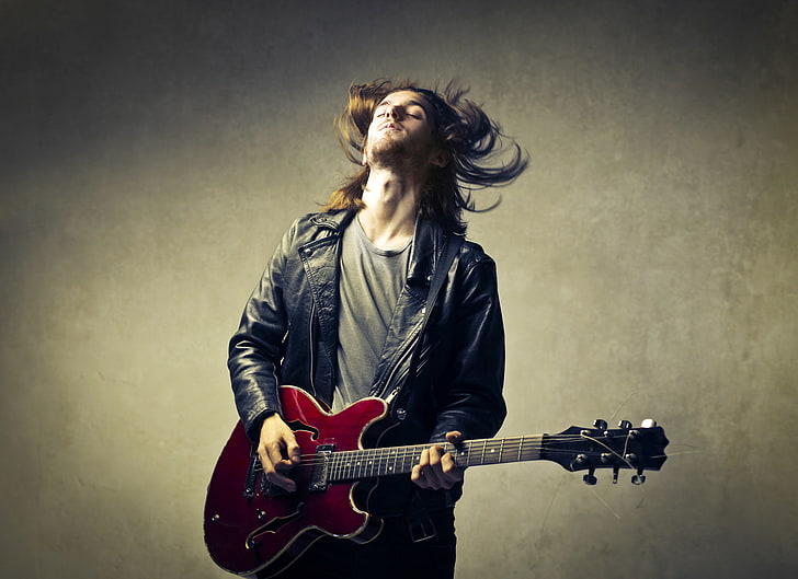 jaqueta zip-up preta masculina, guitarra, cara, loira, HD papel de parede