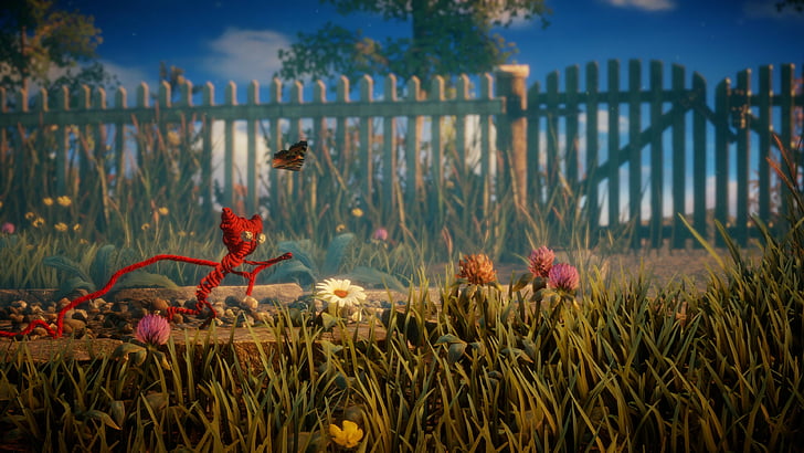 red cartoon character chasing brown butterfly, Unravel, Best Game, game, quest, arcade, fairytale, PC, PS4, Xbox One, HD wallpaper