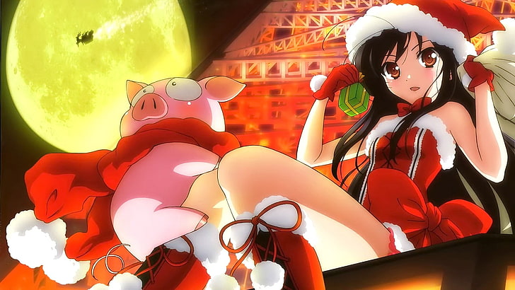 anime, anime girls, Accel World, Kuroyukihime, Christmas, pigs, Moon, HD wallpaper